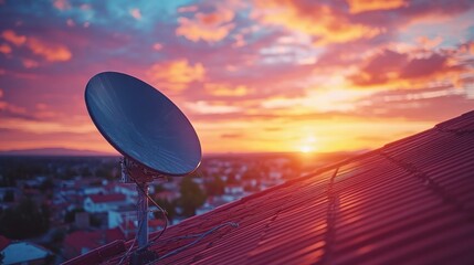 Satellite dish on rooftop at sunset