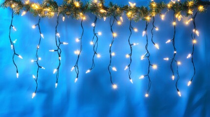 Icicle Christmas lights on blue background.