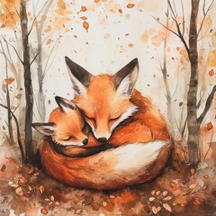 Obraz premium Two foxes cuddling in autumn forest