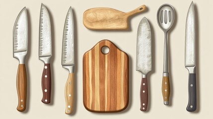 Set of high-quality kitchen knives, cutting boards, and spoons on a neutral beige background.