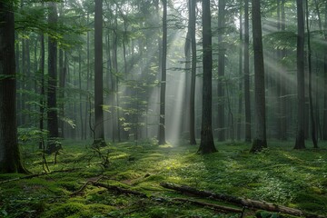 Obraz premium A foggy morning in a dense forest, tree trunks emerging from the mist, soft sunlight filtering through the canopy, the ground covered in soft moss,