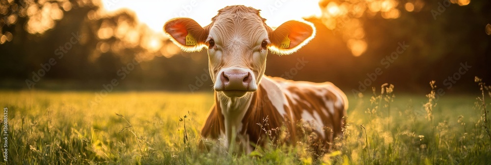 Poster joyful dairy cow enjoying a lush green meadow under golden sunlight in a serene environment at sunse