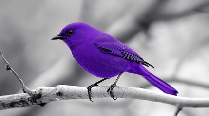 Vibrant violet starling on a black and white tree branch its iridescent feathers shining