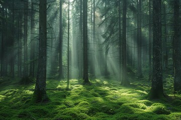 A foggy morning in a dense forest, tree trunks emerging from the mist, soft sunlight filtering through the canopy, the ground covered in soft moss
