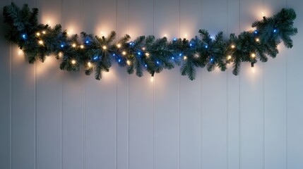 Fototapeta premium Festive garland with blue and warm white LED lights on a white wood background.