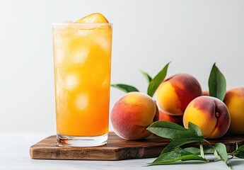 Fototapeta premium Refreshing Peach Iced Drink with Fresh Peaches on a Wooden Cutting Board for a Summer Vibe and Healthy Lifestyle