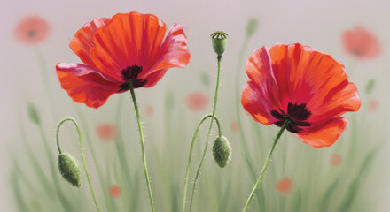 Obraz premium Vibrant red poppies blooming against a soft pastel background 