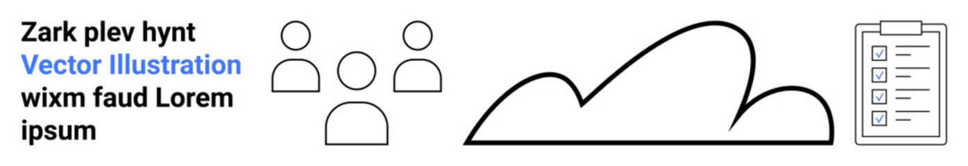 Group of three outlines, cloud sketch, task checklist on clipboard. Ideal for teamwork, cloud computing, task prioritization, productivity, project management, digital solutions simple landing page