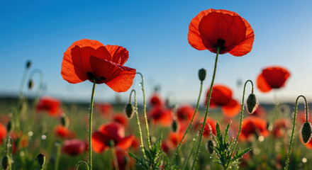 Naklejka premium Vibrant red poppies blooming in a sunny field 