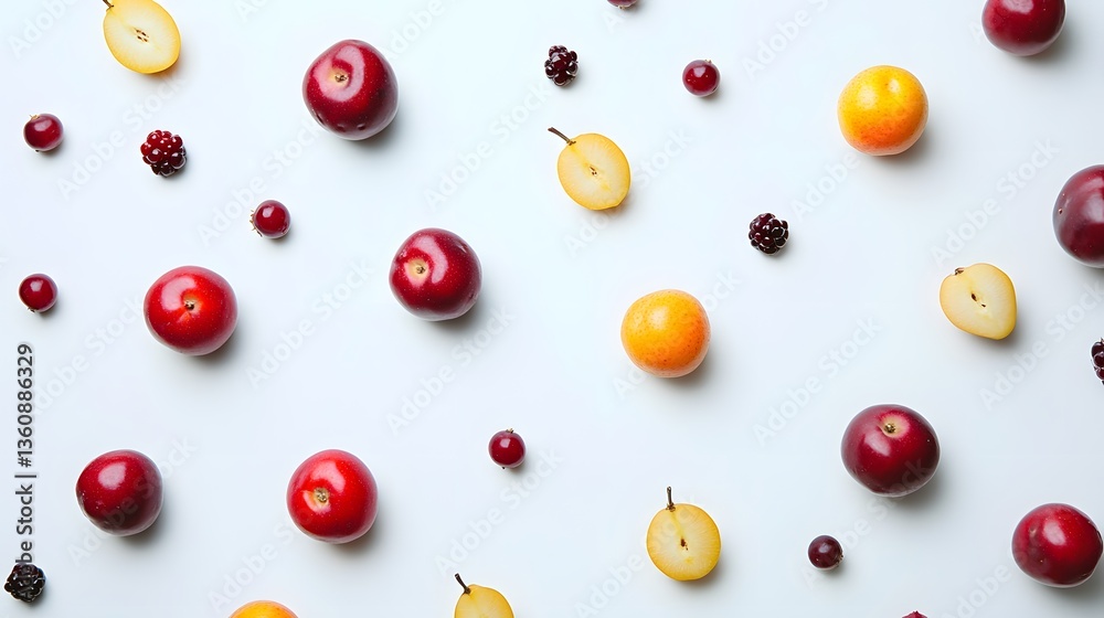 Poster Colorful pattern of fresh fruits and berries creating a vibrant and healthy display on white background