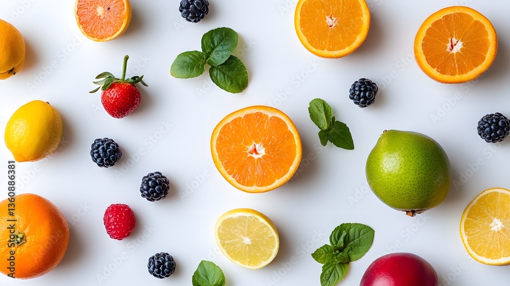 Poster colorful citrus fruits and berries creating a vibrant and healthy pattern on white background