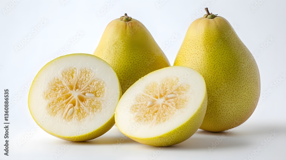 Poster two whole pomelos and two halves showing the pulp on white background