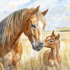 Mother horse and foal in golden field