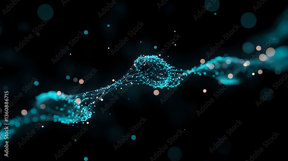 Aufkleber glowing turquoise particles forming dynamic wave pattern against dark background with bokeh light ef
