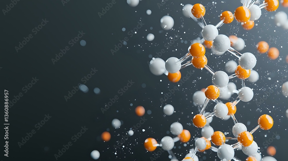 Poster abstract molecular structure with white and orange spheres connected by lines floating on dark backg