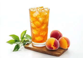 Fototapeta premium Refreshing Peach Iced Tea with Fresh Peaches on a Wooden Board Surrounded by Green Leaves and Ice Cubes in a Clear Glass