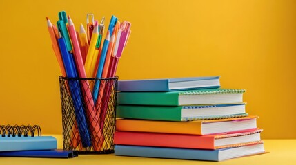 Fototapeta premium Stack of subject notebooks with matching color-coded accessories on a soft pastel yellow background.