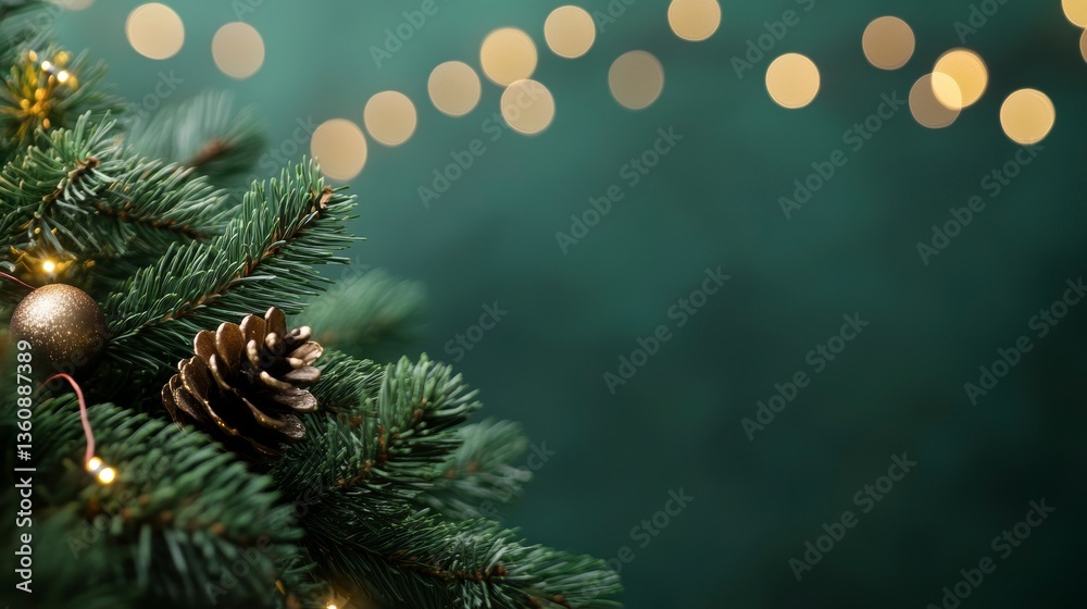 Poster festive christmas tree branch with gold ornaments and pine cones against a dark green bokeh backgrou