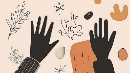 Hands reaching abstract shapes.