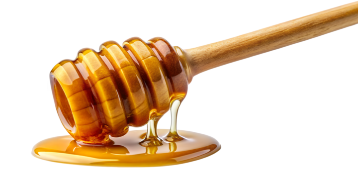 Sweet Symphony: A close-up shot captures the golden, viscous honey cascading from a wooden dipper, forming a glistening pool of sweetness, a visual ode to the simple pleasures of life.