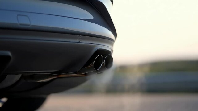 Close-up of a car's dual exhaust pipes with a sleek black rear bumper, reflecting ambient light at dusk