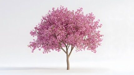Blooming pink tree standing on white background symbolizing spring