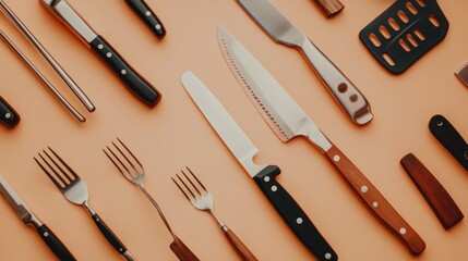 Top view of kitchen utensils like tongs, knives, and spatulas on a light orange background.