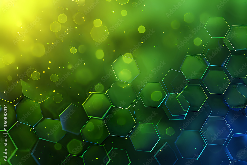 Poster abstract molecular structure with hexagonal pattern on gradient background from yellow to green and 