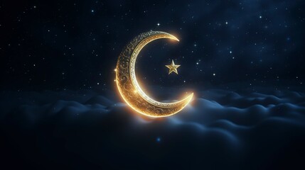 Fototapeta premium Crescent moon and star with lights on dark blue background, Ramadan concept.