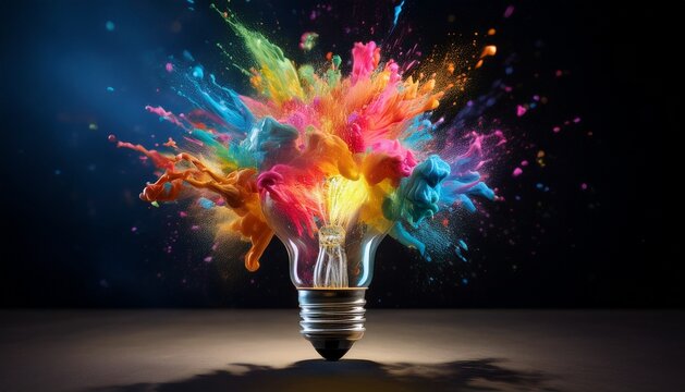 Explosi&oacute;n de colores saliendo de una bombilla encendida