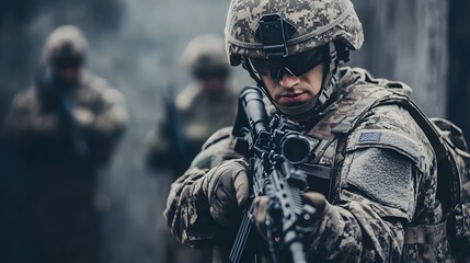Obraz premium Us army soldier holding assault rifle with squad in background