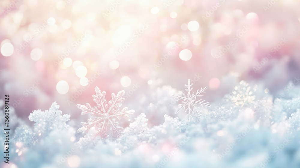 Poster close-up of delicate snowflakes on snowy surface, illuminated by soft, warm light, creating a dreamy