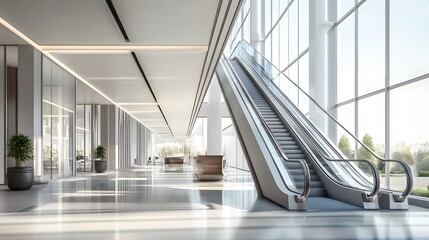 Fototapeta premium Modern empty business center lobby with escalators and large windows