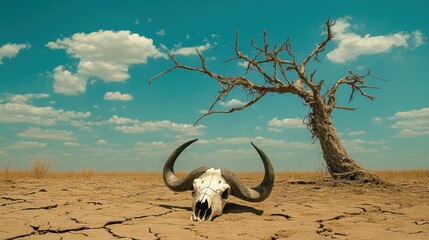 Obraz premium A dead dry tree and a cattle skull in dry land. Drought. Desperate, sad. Concept.