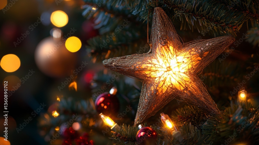 Poster illuminated star ornament on a decorated christmas tree with bokeh lights.