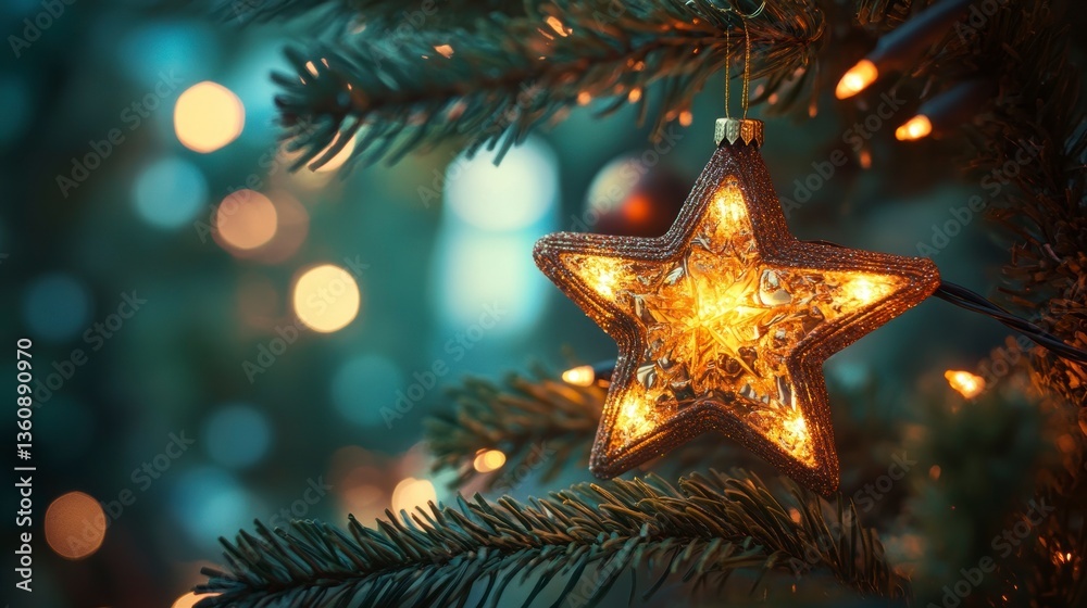 Poster illuminated star ornament hanging on a christmas tree branch with bokeh lights.
