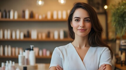 Beautician smiling with confidence in her beauty salon or spa