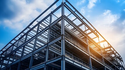 Fototapeta premium Modern building under construction with steel structure and blue sky