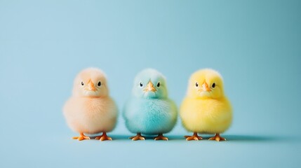 Fototapeta premium Three colorful newborn chicks standing on blue background