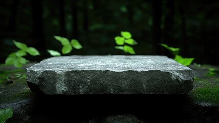 Obraz premium Dark stone slab product display in lush forest setting