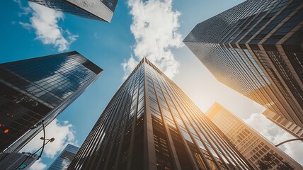 A low-angle perspective of towering skyscrapers reaching for the sky