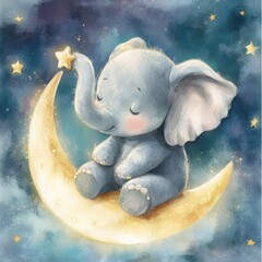 Cute elephant resting on crescent moon in starry night sky