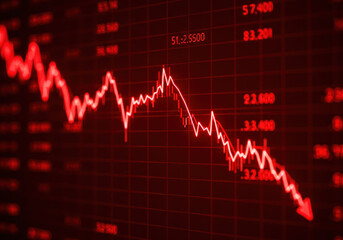 Red stock chart on black background, showing sharp decline.