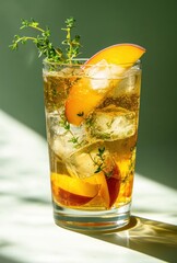 Refreshing Summer Drink with Ice, Fresh Peach Slices, and Thyme Herb Garnish in a Clear Glass Against a Soft Green Background
