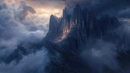 Majestic mountain peaks rise above ethereal clouds in a captivating landscape scene