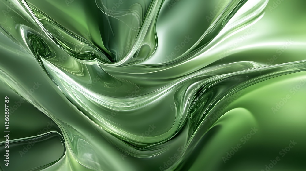 Poster Metallic green fluid painting creating abstract shapes