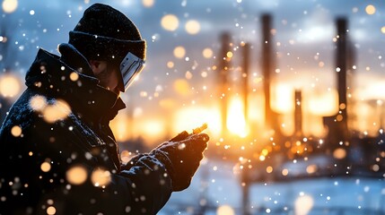 Fototapeta premium Person in winter coat checking smartphone during snowfall at dusk, industrial silhouettes and warm city lights creating atmospheric urban scene.