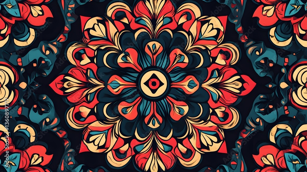 Poster colorful floral damask pattern creating a stunning kaleidoscope effect