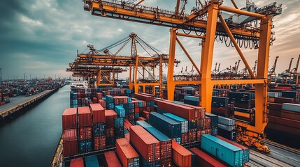 Fototapeta premium Heavy-Duty Crane Lifting a Shipping Container at a Cargo Terminal