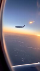 Silhouette of passenger aircraft seen through airplane window during sunset flight with meteor or shooting star streaking across sky, dramatic aerial view.